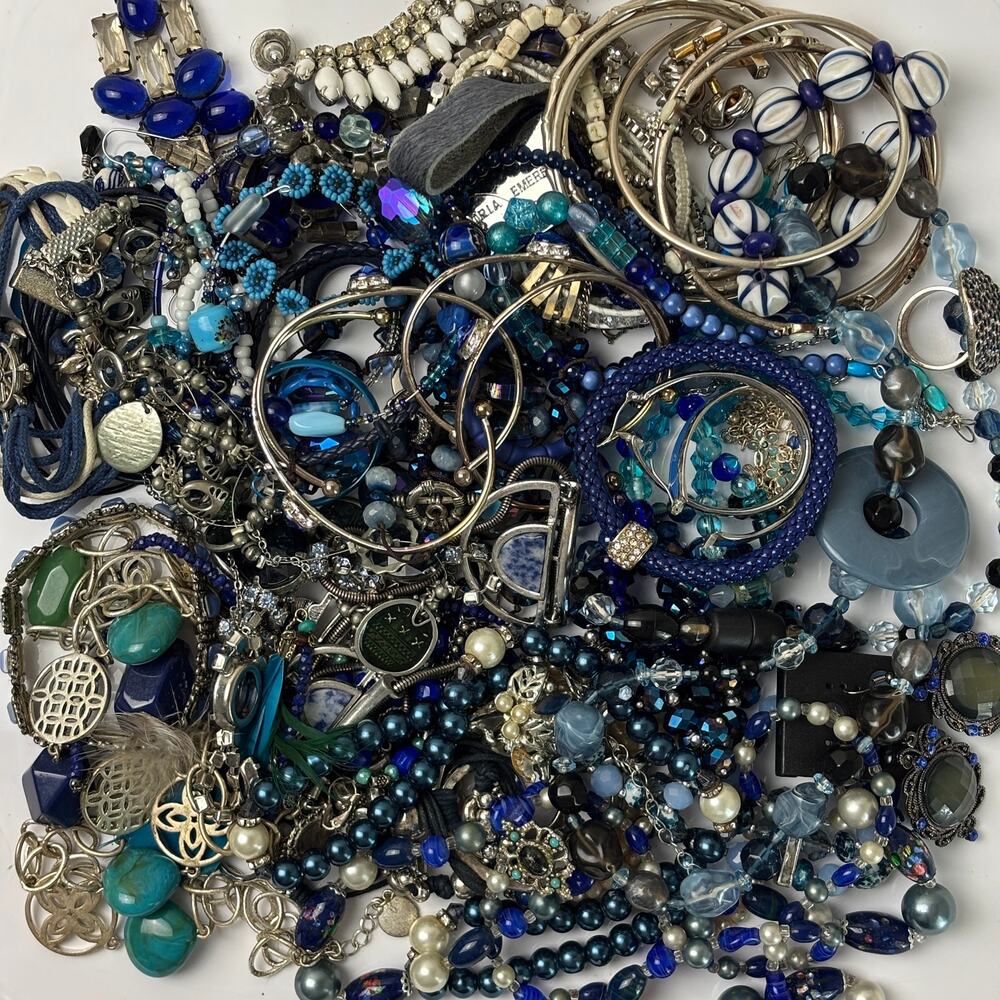 Curated Craft Jewelry Lot - 2 lbs Bold Blue Gold Tone Variety